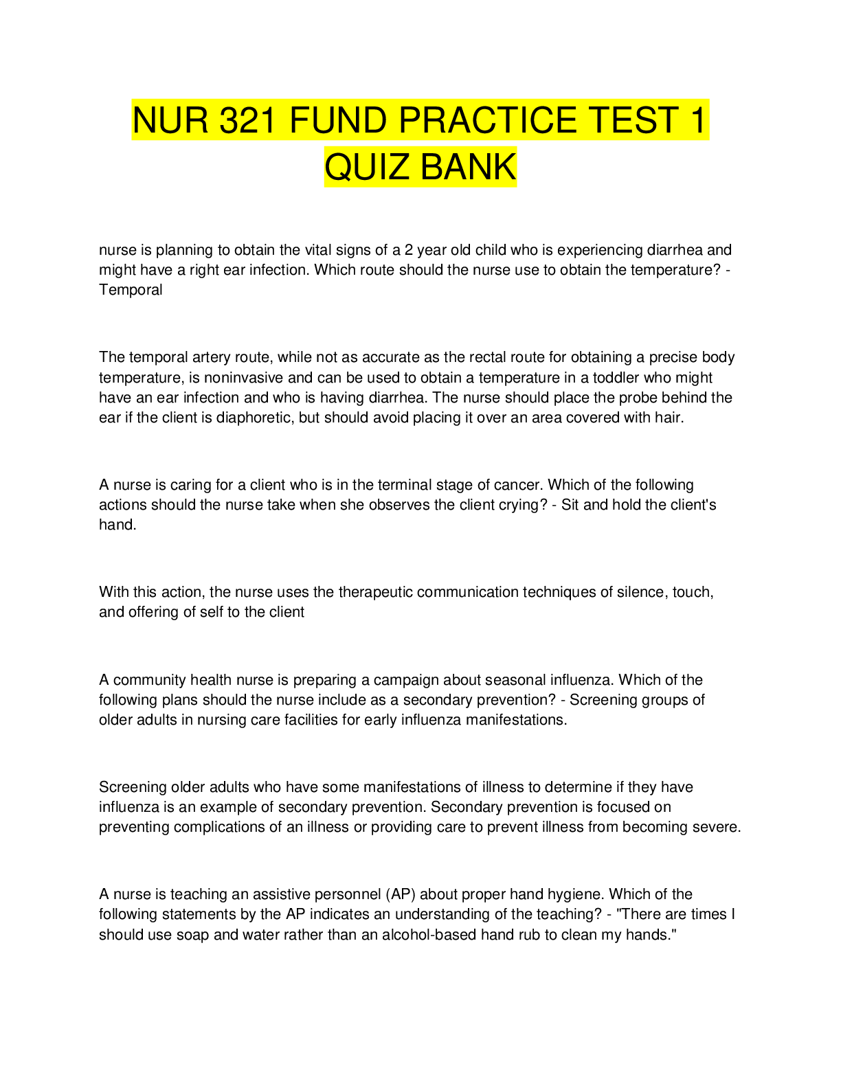 Preview image for NUR 321 FUND PRACTICE TEST 1  QUIZ BANK